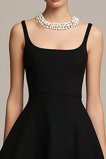 Black Square Satin A Line Little Black Dress